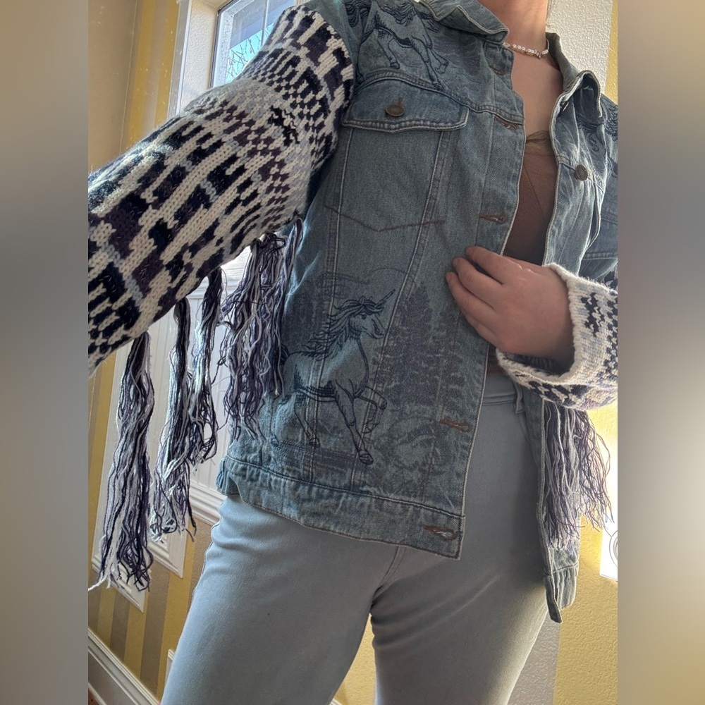 Denim Jacket with Knit Sleeves and Fringe - Picture 6 of 9